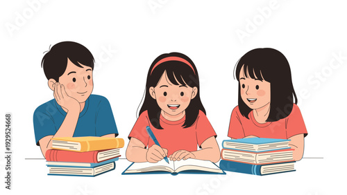 Group of three young students sitting at a table and studying from stacks of books while working together on a project.