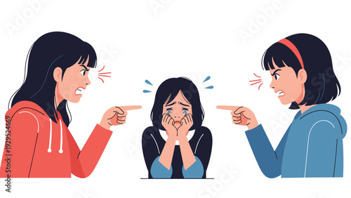 Scene of emotional distress where two angry girls are pointing and yelling at a third girl who is crying from bullying.