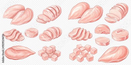 Raw chicken breast pieces, fillets, slices, and cubes for cooking preparation.