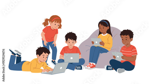 Diverse group of school children using laptops and tablets while sitting on a bean bag to learn digital skills and technology.