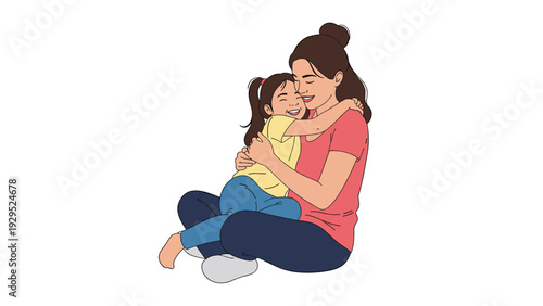 Warm and loving embrace between a mother and her young daughter sitting together to show family affection and support.