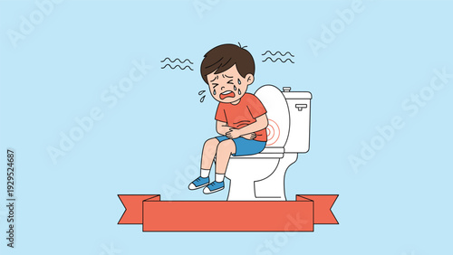 Little boy crying while sitting on the toilet and holding his stomach because of digestive pain or illness symptoms.