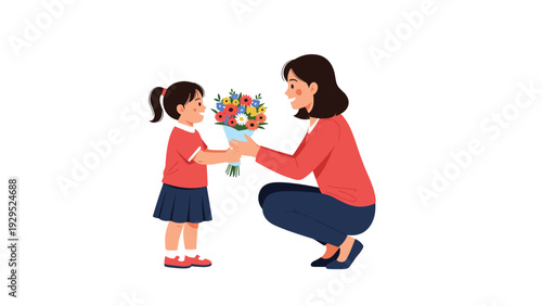 Little girl giving a beautiful bouquet of colorful flowers to a woman to show appreciation, love, or congratulations.