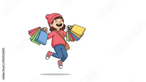 Enthusiastic young girl jumping for joy while carrying many colorful shopping bags after a successful retail experience.