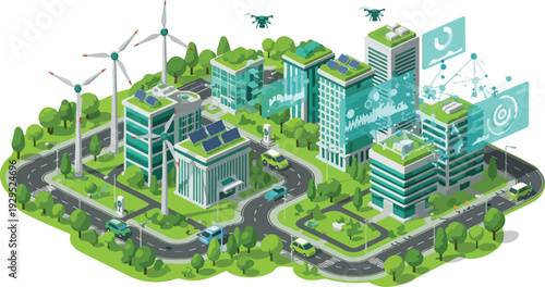 Aerial view of a sustainable smart city infrastructure with green buildings, wind turbines, and solar panels on rooftops, surrounded by lush trees and roads, conveying an eco-friendly urban