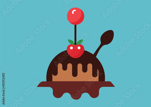 A surreal chocolate dessert illustration featuring a strawberry, cherry, and spoon on a blue background.