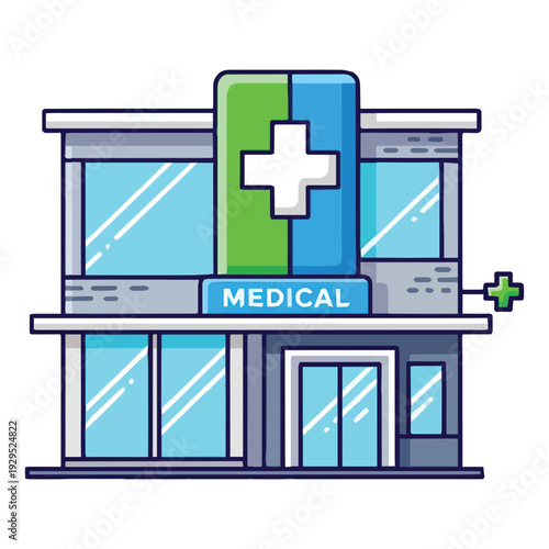 Modern Flat Design Healthcare Building with Blue Green Cross Sign