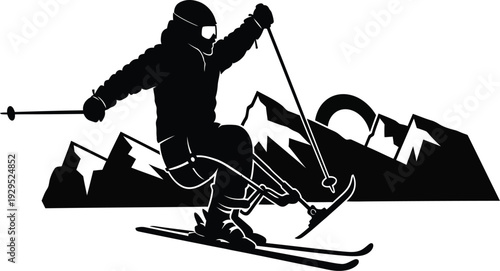 A skier in motion on a snowy mountain range with ski poles and skis