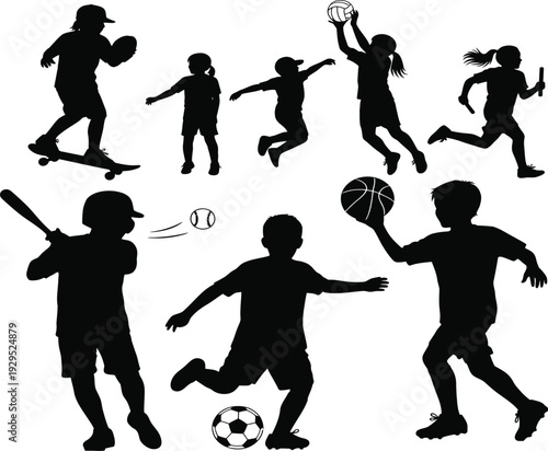 Collection of silhouettes depicting various sports and physical activities in action