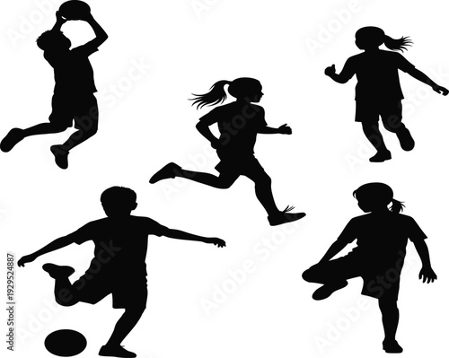 Silhouette of children playing various sports in dynamic poses