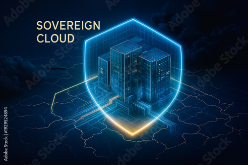 Sovereign cloud data center fortress on digital map with hexagonal national border energy shield symbolizing data sovereignty compliance and secure enterprise IT infrastructure