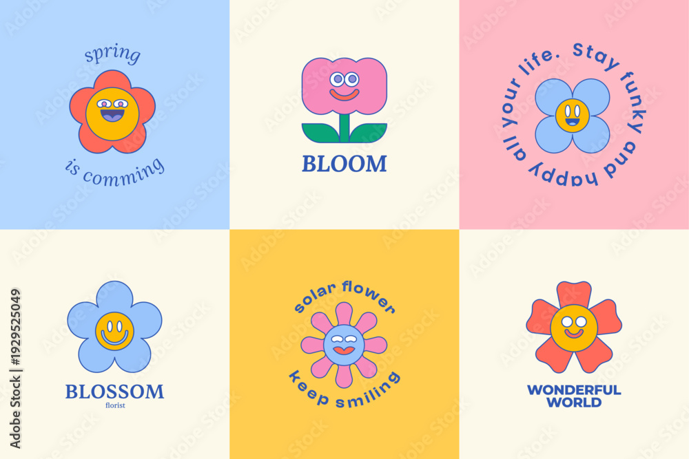 Fototapeta premium Cute flower smile cartoon spring flat vector illustration collection