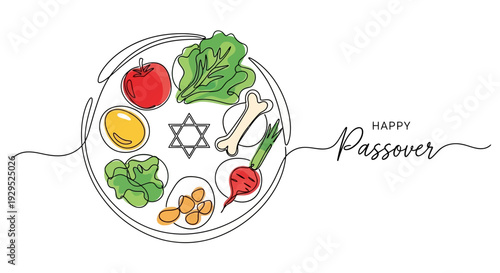 Happy Passover Seder Plate with Symbols and Food Items, Minimalist Design