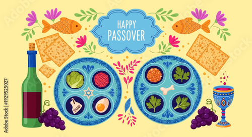 Happy Passover Seder Plate with Matzah, Wine, Fish, and Grapes