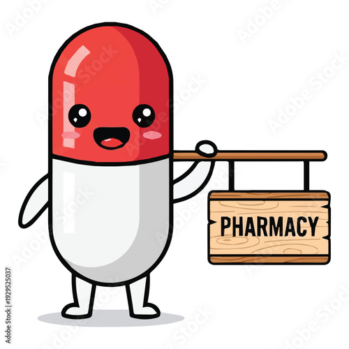 Cute Red White Capsule Character Holding Wooden Pharmacy Sign