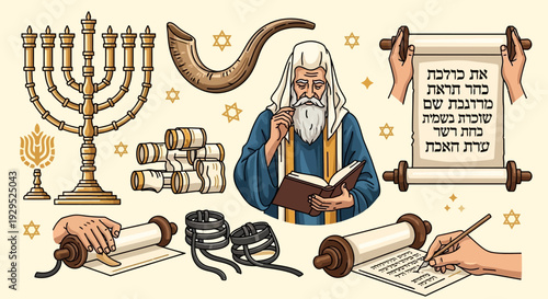 Jewish Religious Symbols and Objects, Including Menorah, Shofar, and Scrolls