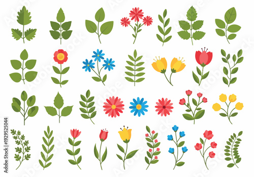 Collection of Various Botanical Illustrations Featuring Delicate Flowers and Green Leaves, Perfect for Spring and Nature Themed Designs