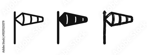 Windsock vector icon set. Wind direction indicator, airport weather symbol in outline, filled, and doodle styles.