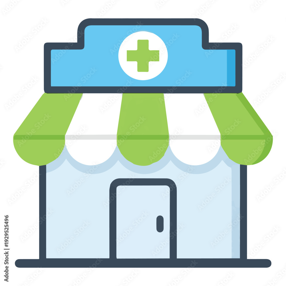 Obraz premium Flat Design Medical Building Vector Icon with Green Awning and Blue Sign