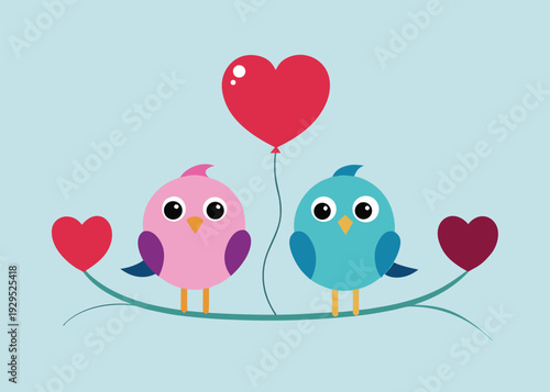 Cute pink and blue cartoon birds perch on a stylized branch, adorned with a heart balloon and small red hearts.