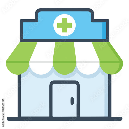 Flat Design Medical Building Vector Icon with Green Awning and Blue Sign