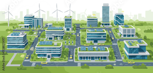 Illustration of a sustainable smart city infrastructure with modern buildings, green spaces, and wind turbines in the background, showcasing eco-friendly urban planning and development.