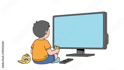 Little boy sitting on the floor watching a large television screen while eating snacks from a bag in a simple room.