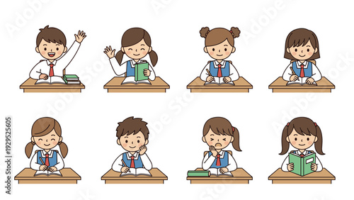 Collection of diverse primary school students sitting at their desks while engaging in various classroom activities.