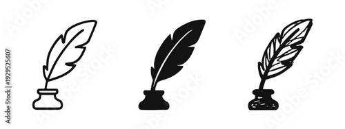 Quill pen and inkwell icons set, depicted in outline, solid, and doodle art styles. Classic writing tools.