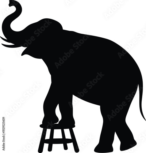 Elephant silhouette balancing on stool, circus performance, whimsical animal illustration, entertainment, dramatic design, artistic black icon