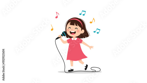 Little girl with short brown hair singing joyfully into a microphone with colorful music notes floating around her.