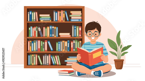 Young boy with glasses sitting on the floor in a library or playroom while reading a book in front of a bookshelf.