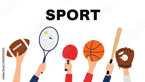 Various hands holding up equipment for different sports including football, tennis, ping pong, basketball, and baseball.