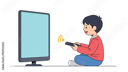 Young child sitting on the floor using a remote control to change the channels on a large flat screen television set.