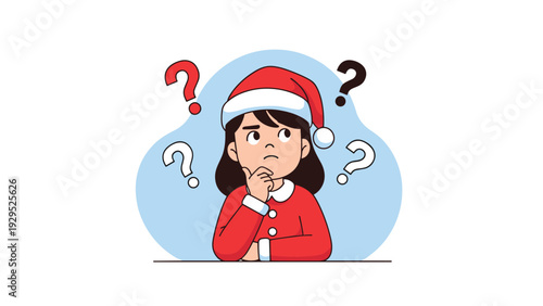 Young girl wearing a Santa hat looking thoughtful with several question marks around her head in the holiday season.