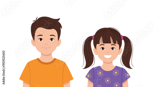 Portrait of a young boy and a girl with pigtails smiling together in a friendly and cheerful presentation for kids.