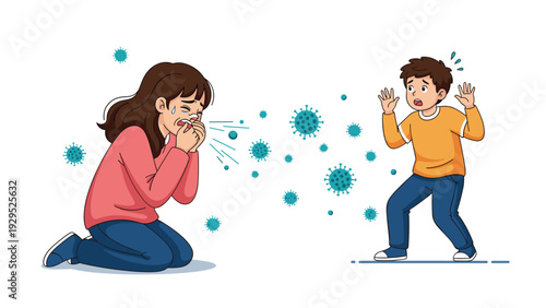 Woman sneezing and spreading germs through the air while a young boy looks on in fear and covers his mouth nearby.