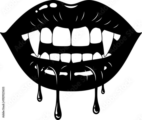 A close-up illustration of black lips with fangs and dripping liquid on a white background, evoking a spooky and mysterious mood, perfect for Halloween or vampire-themed designs.