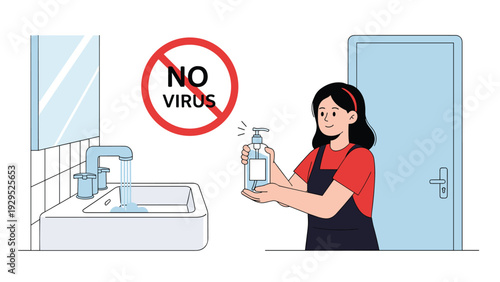 Woman applying hand sanitizer from a pump bottle next to a sink to prevent viruses and maintain good hygiene habits.