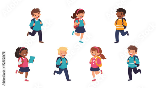 Large group of diverse children with backpacks running and jumping happily as they head to school for their lessons.