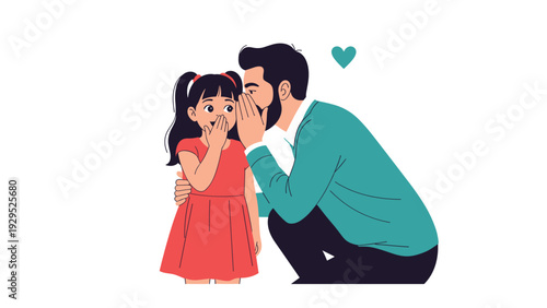Loving father whispering a secret into his young daughter's ear while she reacts with surprise and covers her mouth.
