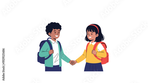 Boy and girl with backpacks shaking hands at school as a sign of respect and the start of a new friendship together.