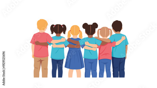 Back view of a diverse group of children standing together with their arms around each other in a show of unity.