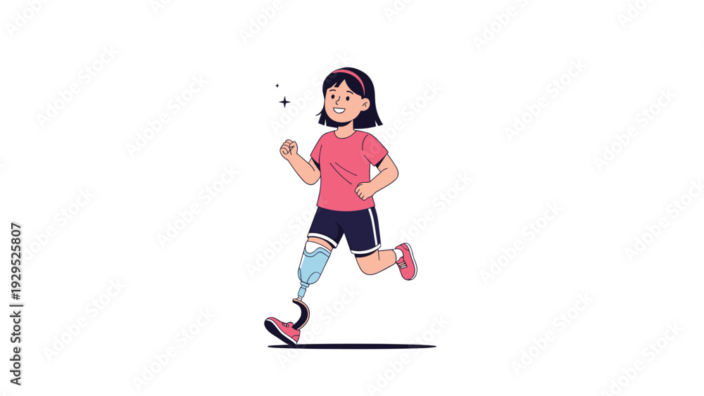 Fototapeta premium Resilient young girl with a prosthetic leg runs with determination and a smile while showcasing inclusive sports and overcoming physical challenges.