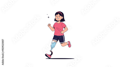Resilient young girl with a prosthetic leg runs with determination and a smile while showcasing inclusive sports and overcoming physical challenges.