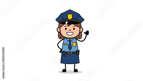 Friendly female police officer in a dark blue uniform waves with a smile while standing on a plain white background in a professional pose.