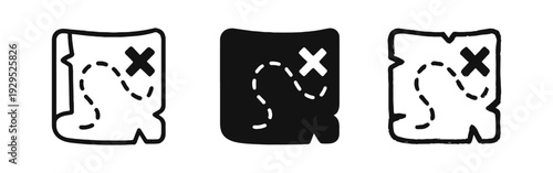 Treasure map icons set, featuring outline, solid, and doodle styles. Adventure and discovery concept vector.