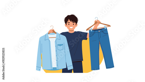 Young man happily displays a clean denim shirt and a pair of blue jeans on hangers as he organizes his wardrobe or shops for new clothes.