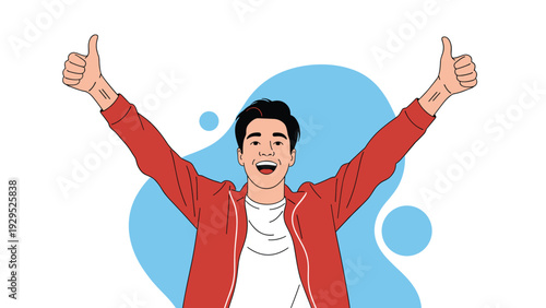 Enthusiastic young man celebrates a success with both arms raised and giving a double thumbs up gesture while smiling broadly at the viewer.