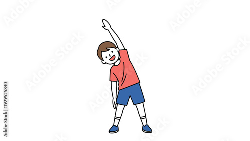 Young boy performs a side stretch exercise as part of a healthy physical activity routine to improve flexibility and fitness in childhood.
